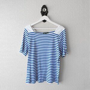 Lauren Ralph Lauren XL Blue White Stripe Boatneck Cotton Top Nautical Gold
